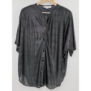 Vtg Plus Size Maggie‎ Lawrence Collection Black Sheer Shiny Button Blouse 22/24